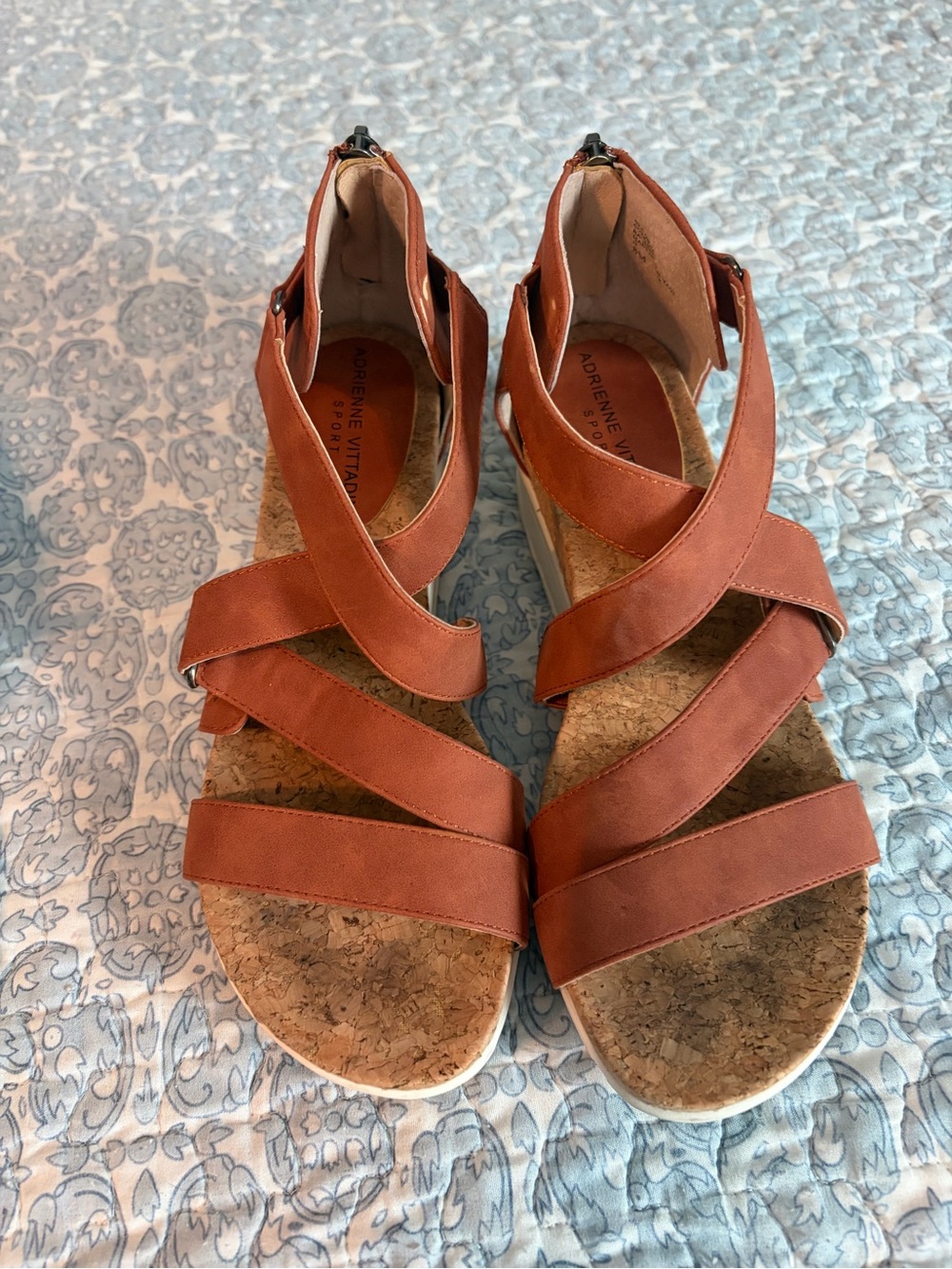 Adrienne Vittadini Tan Rust Cross-Strap Cork Wedge Sandals